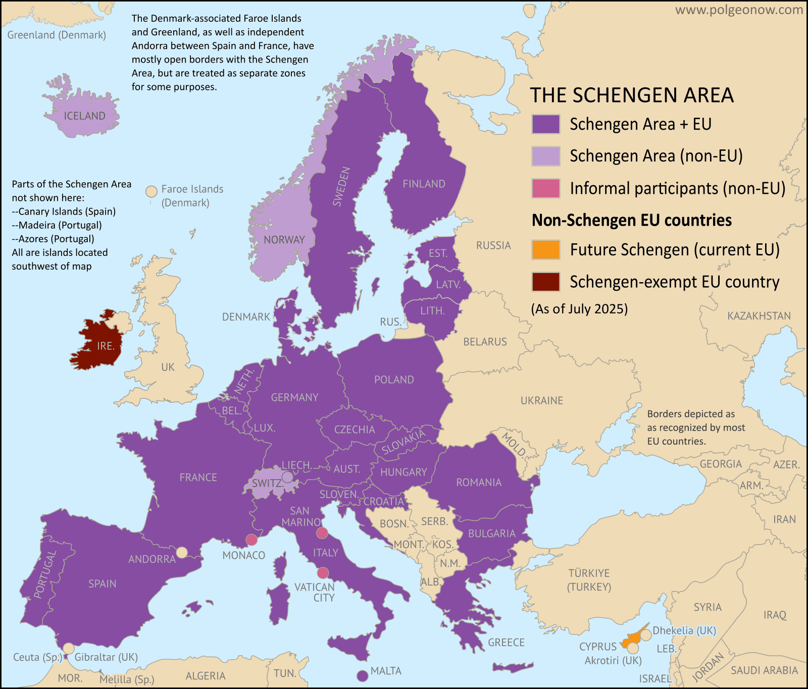 2025 Schengen Area map showing all 29 member countries including Bulgaria, Romania, and neighboring non-Schengen European countries